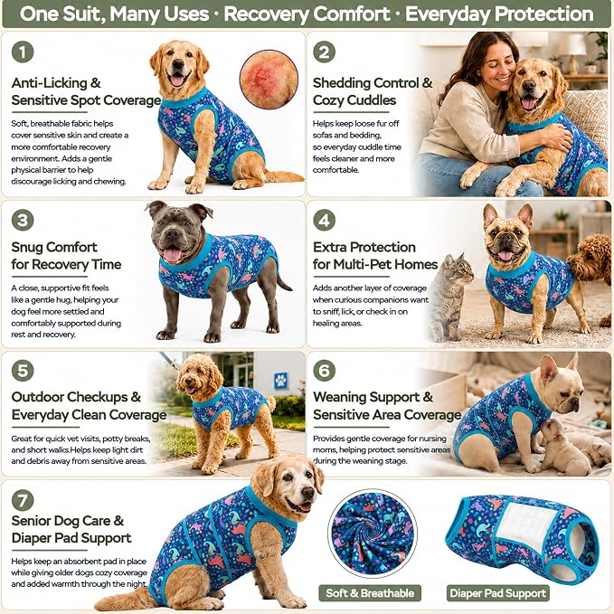 PetWarm Dog Recovery Suit After Surgery, Dog Bodysuit, Substitute E-Collar and Cone, Pet Surgery Recovery Suit, Female Male Dog Onesie for Spay Neuter, Dinosaur Pattern, Multi-Colored, 2XL