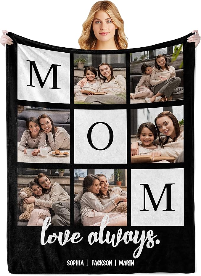 Custom Mothers Day Birthday Gifts for Mom, Personalized Blanket with Photos | to My Mom Gift from Daughter Son, Custom Blanket with Pictures Text, Christmas Birthday for Wife Grandma Women