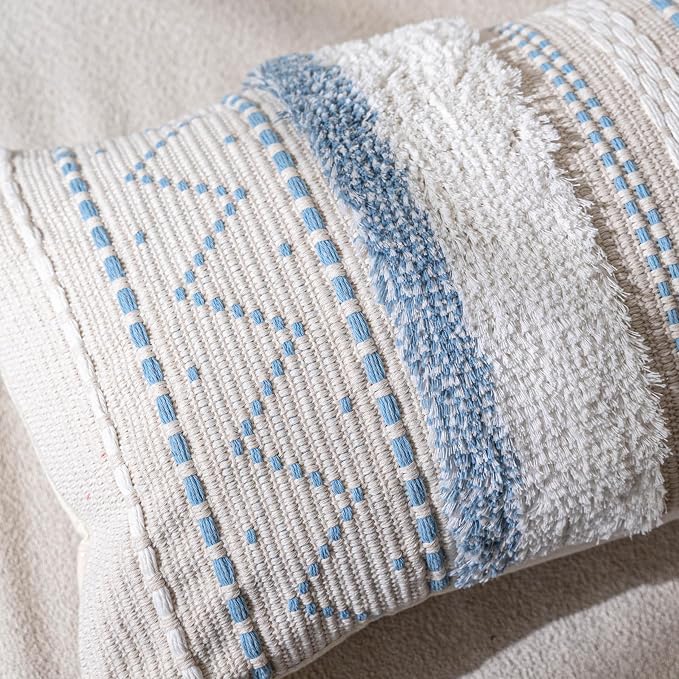 18X18 Throw Pillow Cover, Coastal Blue Square Decorative Cushion Cover, Boho Accent Pillowcase with Tassels for Couch Sofa Living Room (Cover Only)