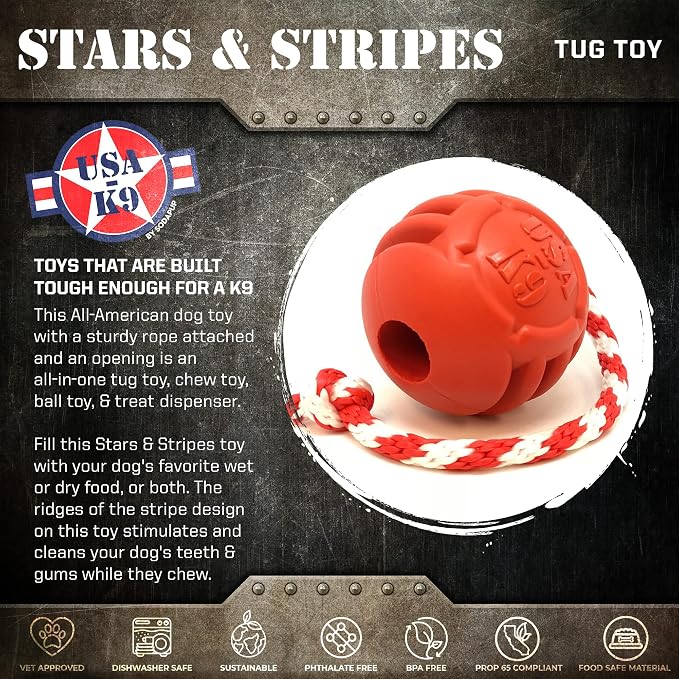 SodaPup USA-K9 Stars & Stripes – Durable Dog Tug Toy, Chew Toy, & Treat Dispenser Made in USA from Non-Toxic, Pet-Safe, Food Safe Natural Rubber for Bonding, Mental & Physical Exercise, & More