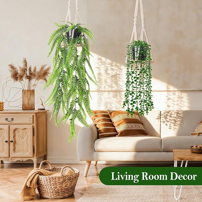 Der Rose 8Pcs Artificial Hanging Plants for Fuller Layered Wall Shelf Decor | Fake Vine Plants in black pots add bold contrast and refresh bathroom, kitchen, bedroom and ceiling decor indoor