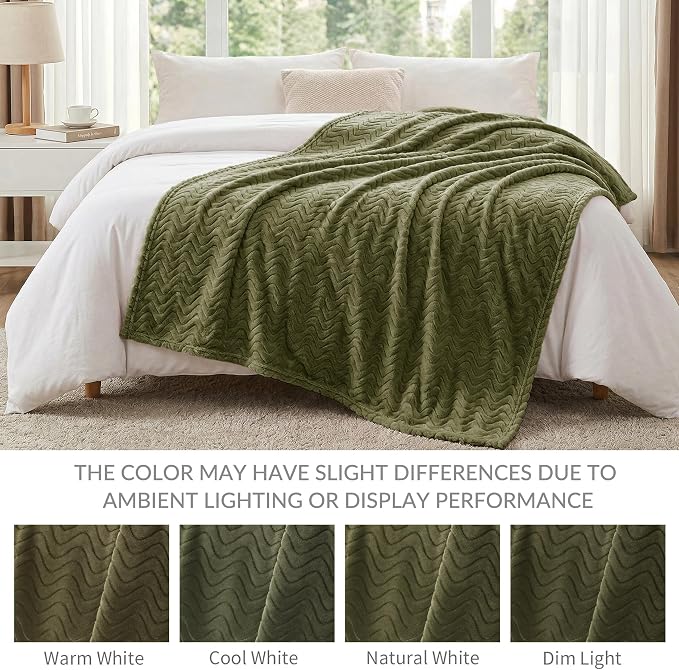 Exclusivo Mezcla Soft Fleece Blanket King Size for Bed, Sofa, Olive Green | 90"x104" Breathable Lightweight Flannel Blanket for Summer, Plush Cozy Jacquard Wave for Home Decor