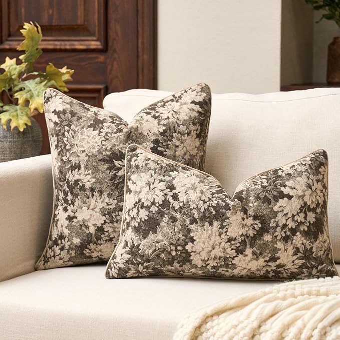 Neutral Floral Pillow Cover 20 x 20 Inches, Vintage Chenille Square Throw Pillow Cover Soft Decorative Farmhouse Accent Couch Pillow Cover for Living Room Bedroom, Grey