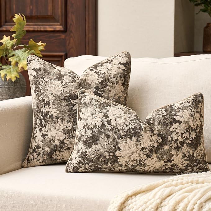 Neutral Floral Pillow Cover 12 x 20 Inches, Vintage Chenille Rectangle Throw Pillow Cover Soft Decorative Farmhouse Accent Couch Pillow Cover for Living Room Bedroom, Grey