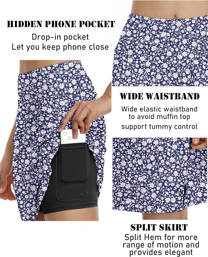 COOrun Women's 20" Knee Length Skirts High Waisted Golf Skorts with Pockets | Soft, Quick Dry, Split Hem, Built-in Shorts, A-line, Modest Skirts, for Golf Athletic Tennis Work Casual