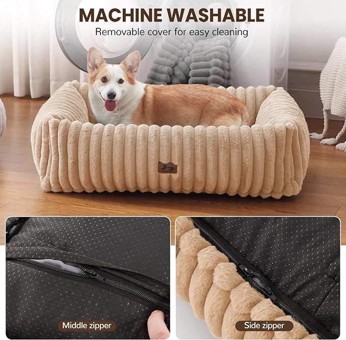 Dog Bed Medium Size Dog, Rectangle Orthopedic Pet Bed for Car and Indoor, Comfort Fluffy Memory Foam Dog Beds with Anti-Slip Bottom, Camel (30x24x8 inches)