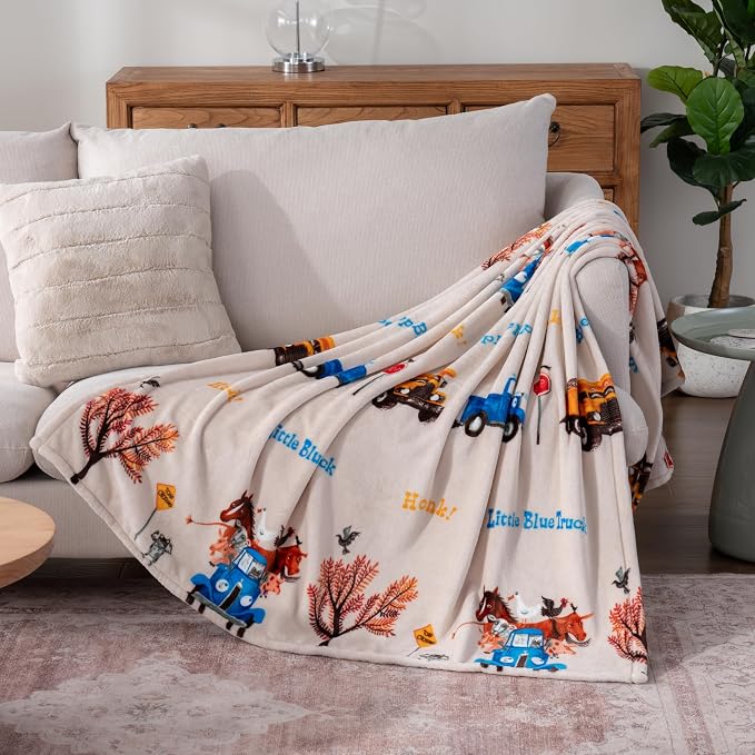 Berkshire Blanket - Officially Licensed Little Blue Truck Kids Throw Made with Signature VelvetLoft® Fabric, Pet-Friendly and Cozy Throw, 50 in x 60 in, Little Blue Truck - Stripe Neutral