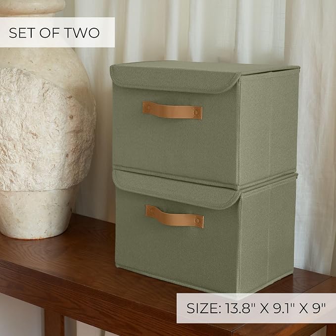 Decorative Linen Storage Boxes with Lids - Large Set of 2 Organizer Bins | The Perfect Container for Home Decor - Safely Store Photos, Documents and Memory Box Keepsakes in Style