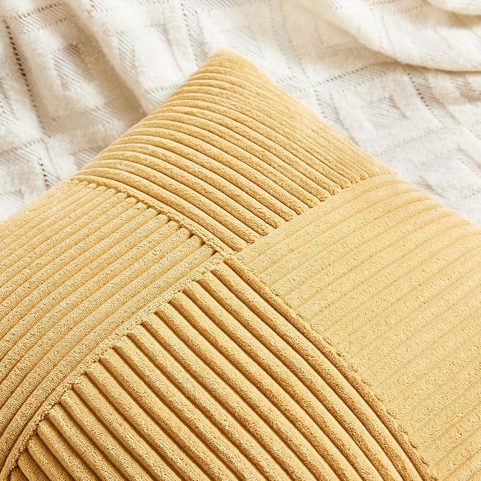 Fancy Homi 2 Packs Gold Yellow Lumbar Decorative Throw Pillow Covers 14x24 Inch for Couch Bed Sofa, Rustic Farmhouse Boho Spring Home Decor, Soft Striped Corduroy Rectangle Accent Cushion Case 35x60cm