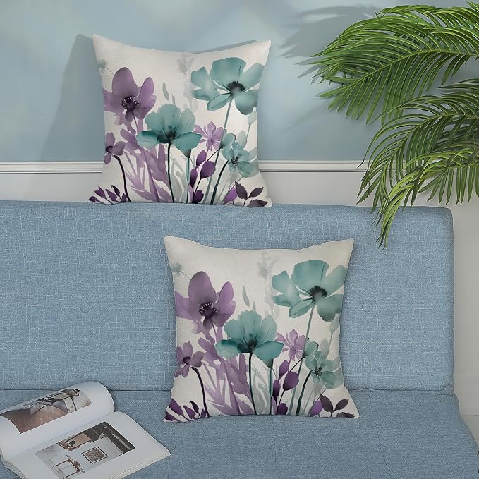 Spring Floral Pillow Covers 18x18 Inches Set of 2 Purple Teal Floral Throw Pillow Cover Outdoor Summer Flower Decoration Pillowcase Farmhouse Decorative Linen Cushion Cover For Home Couch Sofa