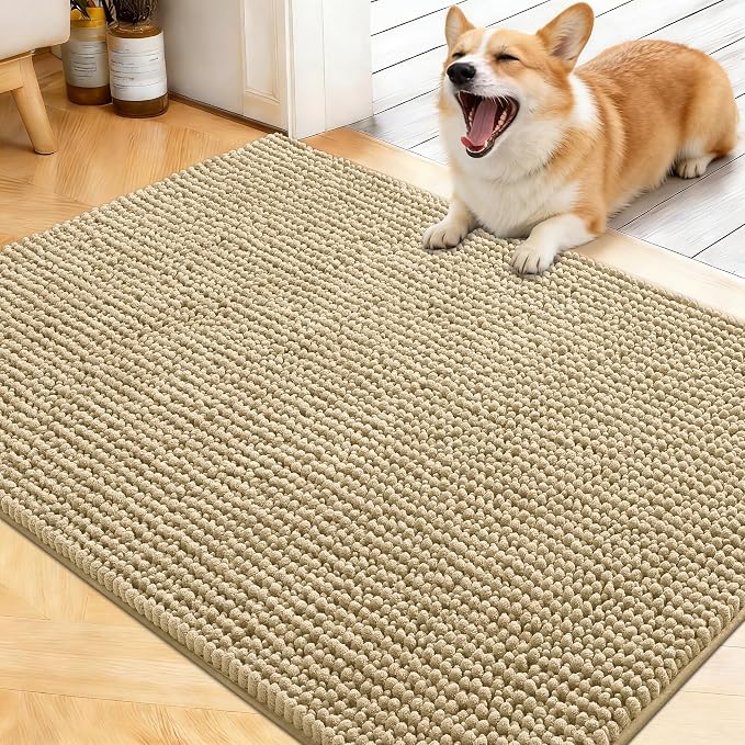 OLANLY Dog Door Mat for Muddy Paws 40x32, Extra Absorbent Chenille Mud Mat | Beige, Absorbs Moisture and Dirt, Non-Slip Machine Washable Doormat, Quick-Drying Indoor Entryway Floor Mat for Dogs