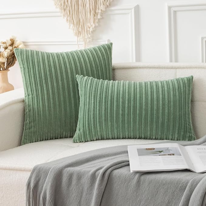 UGASA Velvet 12x20 Inch Lumbar Soft Throw Pillow Covers Corduroy Striped Solid Rectangular Cushion Cases Boho for Couch Bedroom Sofa Home, Pack of 2, Sage Green
