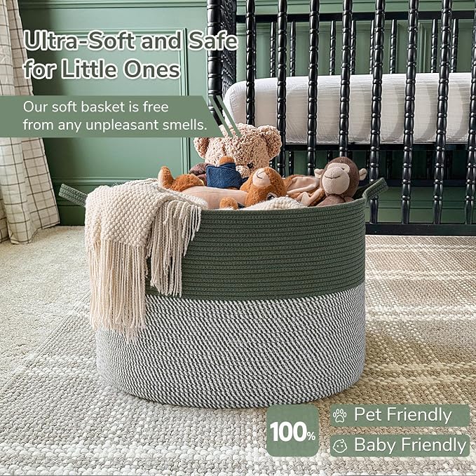 INDRESSME XXXLarge Woven Rope Blanket Basket Living Room Green, 90L | 21.7" x 13.8" Storage baskets for toys laundry & pillows. Fits living room, bedroom or nursery décor. Soft-touch with handles