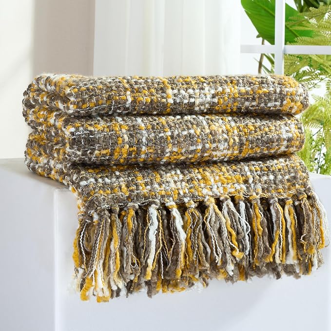 Multi-Color Cable Woven Throw Blanket for Couch - 50"X60" | Multicolored Boho Style,Super Soft Warm Cozy Chunky Blankets with Decorative Tassels for Bed and Sofa,Gold