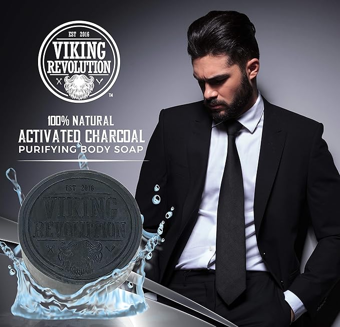 Viking Revolution Skin Cleaning Agent Activated Charcoal Soap for Men w/Dead Sea Mud, Body and Face, Cleanser,Cleansing Blackheads - Peppermint & Eucalyptus Scent 6 Oz (Pack of 2)
