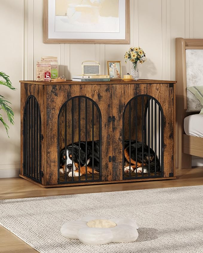 Hzuaneri 46.5'' Dog Crate Furniture,Dog Kennel Indoor for Medium/Large Dogs | Dog Kennel Furniture Wooden Dog Cage Heavy Duty Dog Crate Decorative Pet House End Side Table TV Stand,Rustic Brown DFC93901B