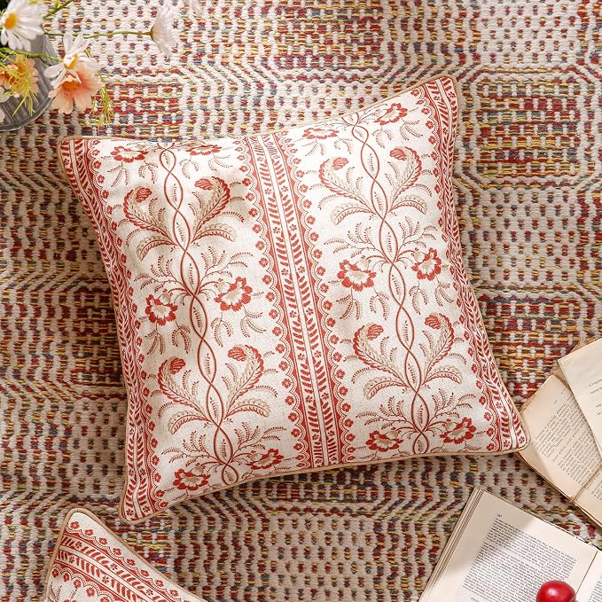 Designer Linen Throw Pillow Cover,Set of 2,18"x18"-Chamonix A | Vintage Elegant Square Pillow Cover,Concealed Zipper Design,Floral Pattern,Sofas,Bedroom,Living Room,Lounge Chairs