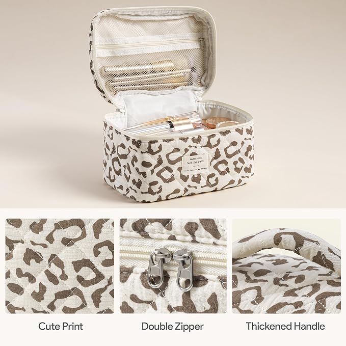 HBselect Quilted Makeup Bag, 3PCS Cotton Large Travel Makeup Bag, Cute Floral Coquette Make up Bag Cosmetic Bag Toiletry Bag for Women Girls