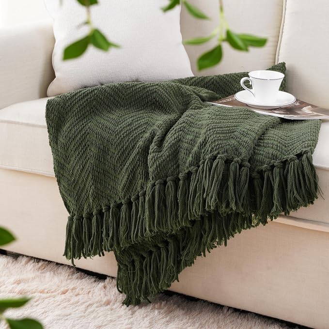 BATTILO HOME Olive Green Throw Blankets for Couch, 60"x80" | Knitted Dark Green Throw Blanket for Bed, Super Soft Warm Large Throws for Home Decor