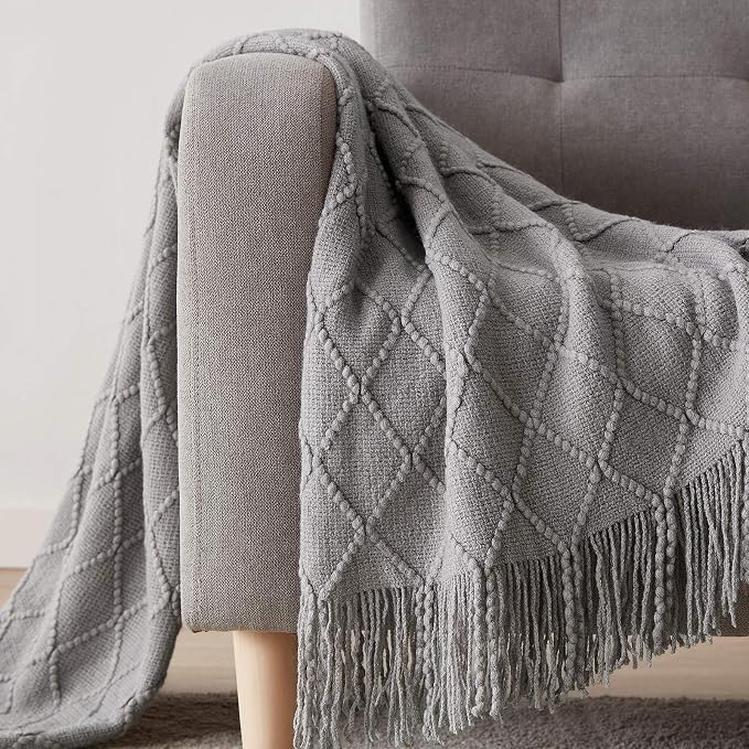 BOURINA Light Grey Throw Blanket 60x80 Inch Knitted Soft Throw Sofa Blanket | Knitted Throw Blanket 60x80 Inches, Soft Lightweight Boho Weave Throw Decorative Couch Blanket for Living Room Bedroom Chair