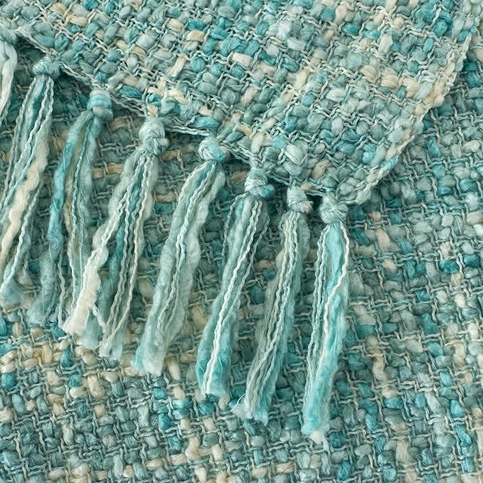 Multi-Color Cable Woven Throw Blanket for Couch - 50"X60" | Multicolored Boho Style,Super Soft Warm Cozy Chunky Blankets with Decorative Tassels for Bed and Sofa,Mint Blue