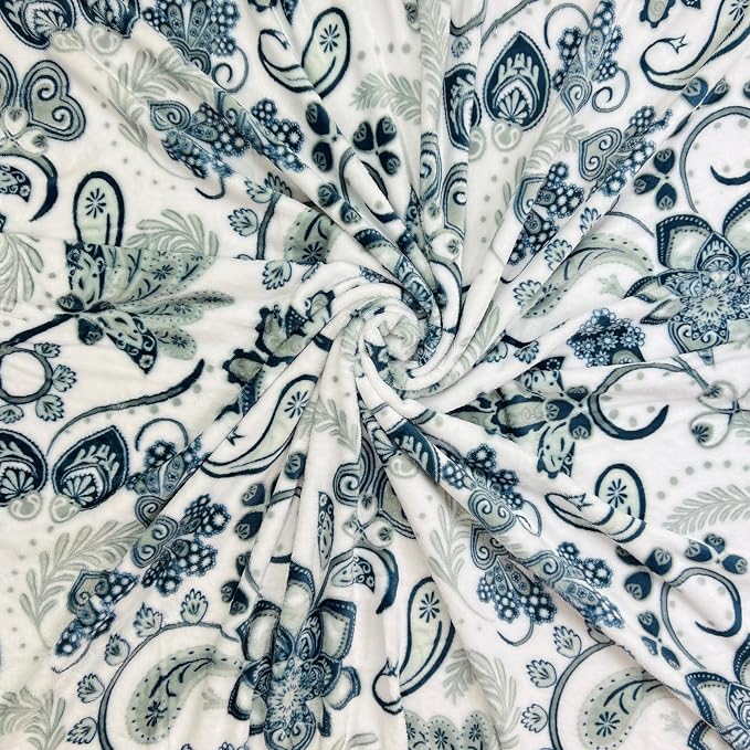 Soft Fleece Throw Blanket, Blue Grey Paisley Boho Damask, 50x70, Oversized | Hues of Gray & Navy in Elegant Floral Design, Accent For Living Room or Bedroom on Sofa Couch Bed Chair