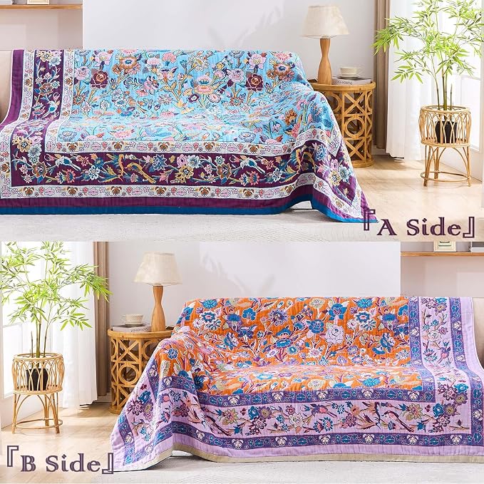 XIBLC Fall Blanket for Bed, 100% Cotton Soft Rustic Boho Throw Blanket Quilt, 90"x98" Farmhouse Decor Bed Flower Blankets, Light Weight Reversible Bohemian Throw Quilt