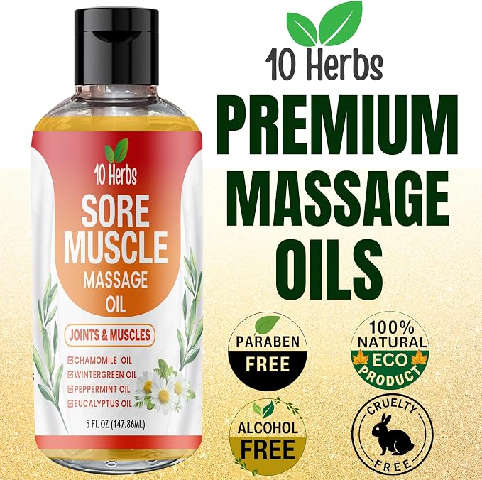Premium Body Massage Oil for Sore Muscles and Joints, with Eucalyptus, Chamomile & Peppermint Oil