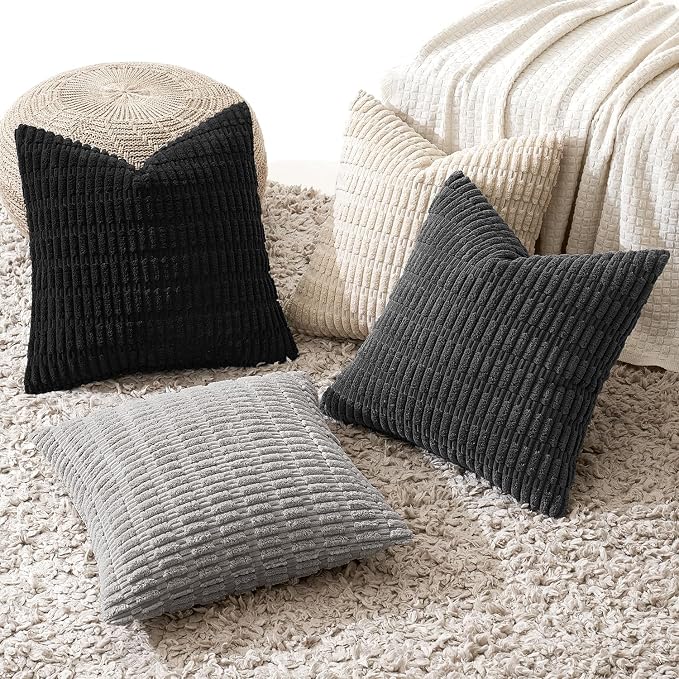 MIULEE Pack of 4 Corduroy Throw Pillow Covers 18x18 Inch Black and White | Neutral Rustic Farmhouse Boho Soft Striped Pillow Covers,Home Decor for Sofa,Living Room,Couch,Bed