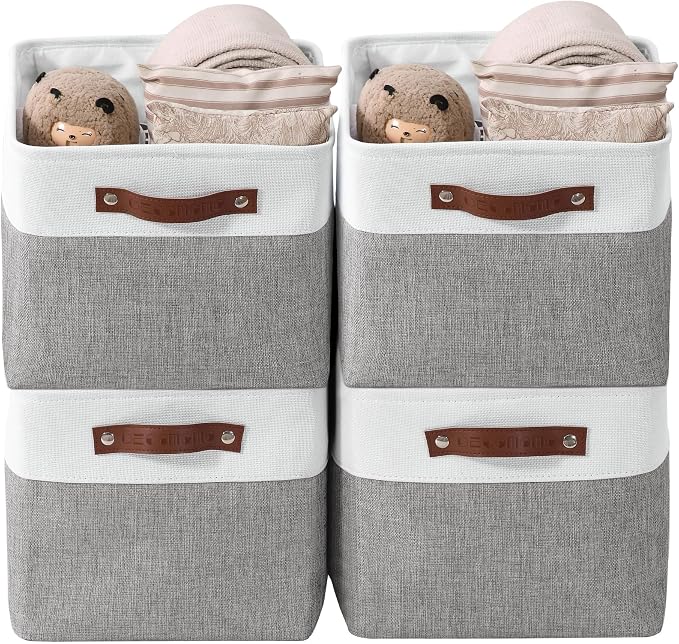 DECOMOMO Storage Bins, Extra Large Fabric Storage Baskets for Shelves 4Pack | 15.8 x 12.5 x 10 inches Decorative Linen Closet Organizers (Grey & White)
