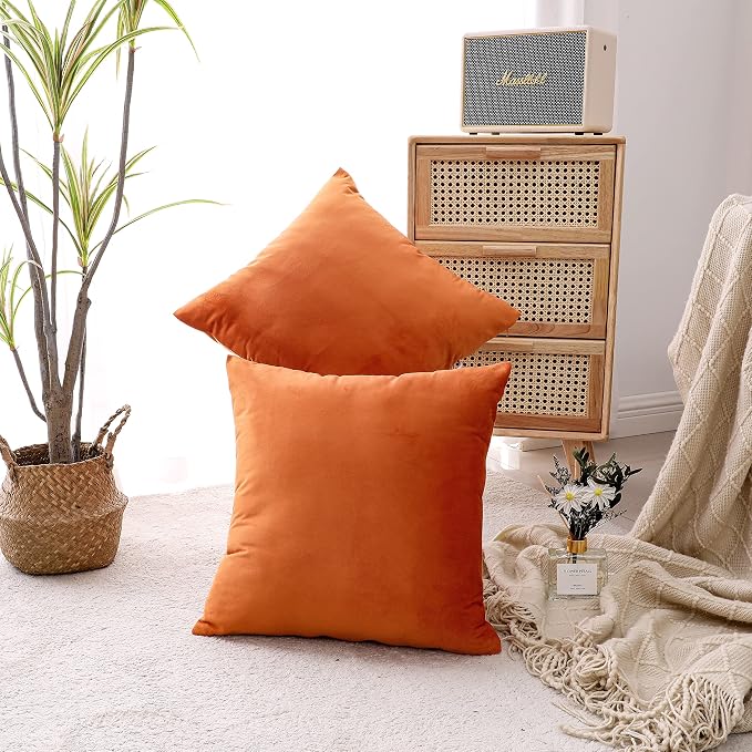 NiNi ALL Orange Velvet Throw Pillow Covers 24x24 Pack of 2 Decorative Couch | Soft Solid Cushion Squar Pillow Cases for Chair Sofa Bedroom Farmhouse Living room Modern Luxury Home Decor Fall Halloween