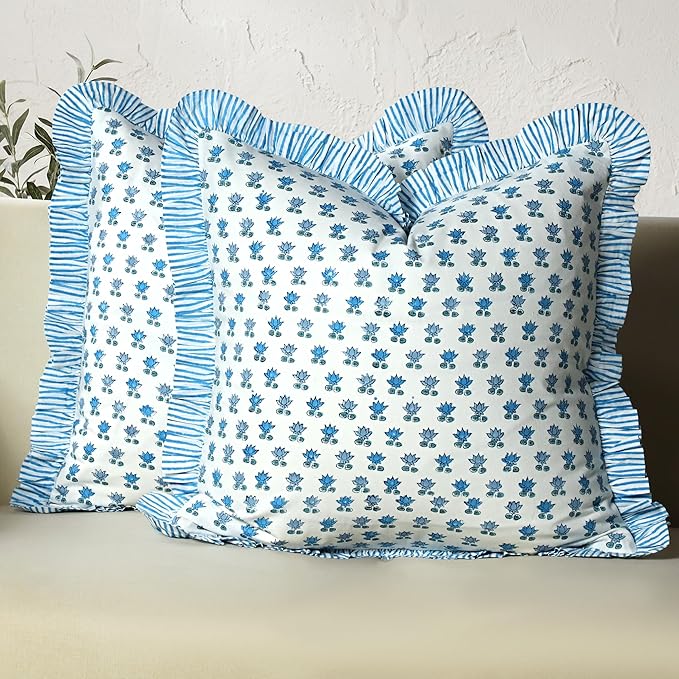 CPC Arctic Blue Hand Block Print 100% Cotton Ruffle Throw Pillow Cover 24x24 inch with Hidden Zipper Decorative for Couch, Bed, Sofa, Farmhouse, Cottagecore Decor Gift Christmas Fall Thanksgiving