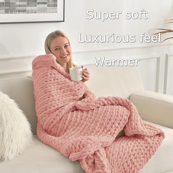 Maetoow Chenille Chunky Knit Blanket,Handmade Cozy for Home Decor,40×50,Rose Pink