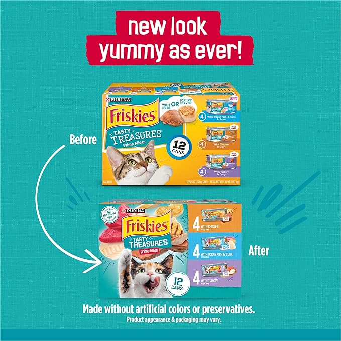 Purina Friskies Wet Cat Food Variety Pack, Tasty Treasures Prime Filets (With Ocean Fish and Tuna, With Chicken and With Turkey) - 5.5 Ounce (Pack of 12)