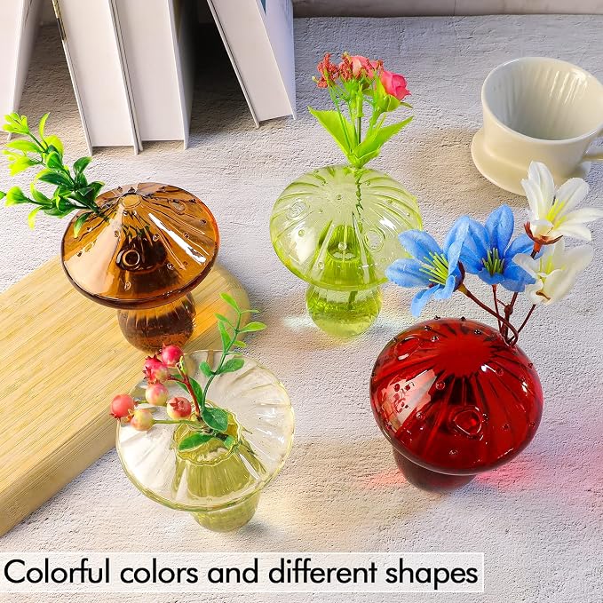 4 PCS Mushroom Shaped Glass Vase, Planters Clear Hydroponic Vase, Flowers Plants for Decorative Centerpiece,Table Decor,Home Wedding Party (4 Color)