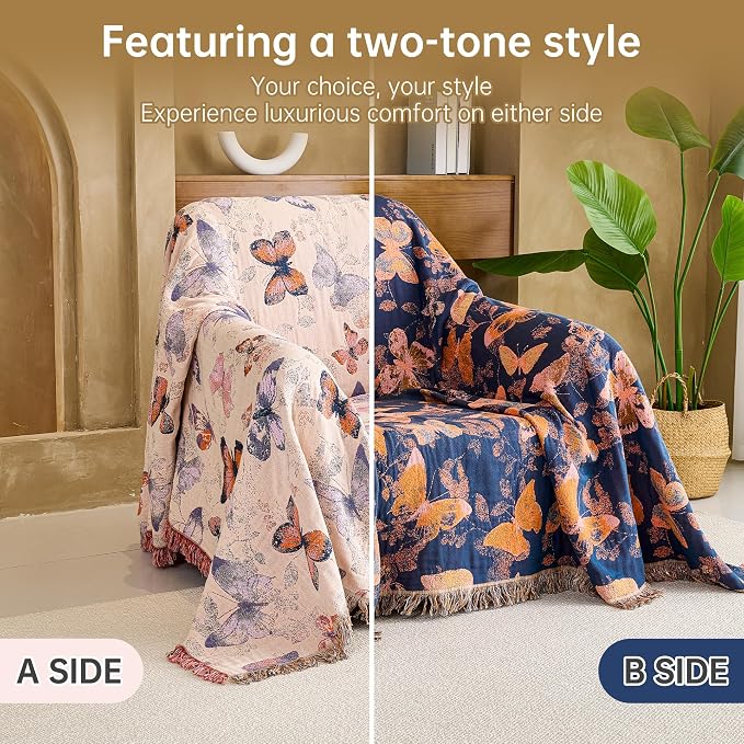 VANJOROY Boho Throw Blanket, 100% Organic Cotton Breathable Ultra Soft 60" x 80" Bed Quilt Throw - All Season Floral Rustic Farmhouse Decor Luxury Reversible Blanket for Sofa Couch Chair and Gift