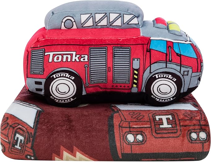 Northwest Hasbro Tonka First Responders Hugger Pillow & Silk Touch Throw Blanket Set, Fire Truck Stuffed Pillow, 50x60 Inch Blanket and 11 Inch Plushie