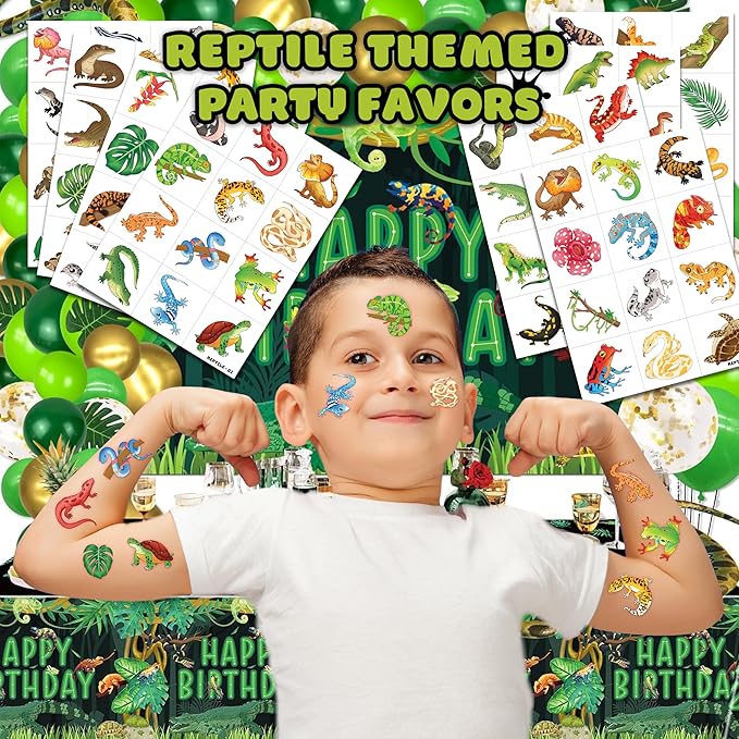 96 PCS Reptile Animal Safari Jungle Lizard Pre-Cut Temporary Tattoos for Kids | Super Cute Themed Birthday Party Favors, Supplies, Decorations, Fake Tattoo Stickers (Multiple)