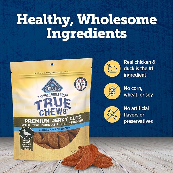 Blue Buffalo True Chews Premium Jerky Cuts Duck Dog Treats, 12 oz | Chicken-Free Recipe, Real Duck First, Made in the USA, No Artificial Preservatives