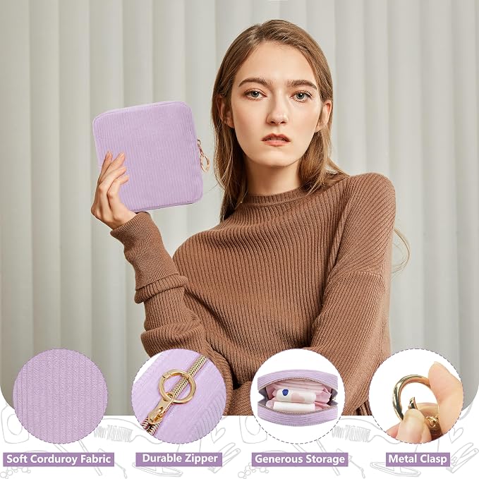 Period Bag for Girls, Corduroy Period Kit with Sanitary Pad Pouch, Menstrual Storage Bag and Tampon Holder for Purse, Girls School Essentials,Feminine Care Organizer(Purple)