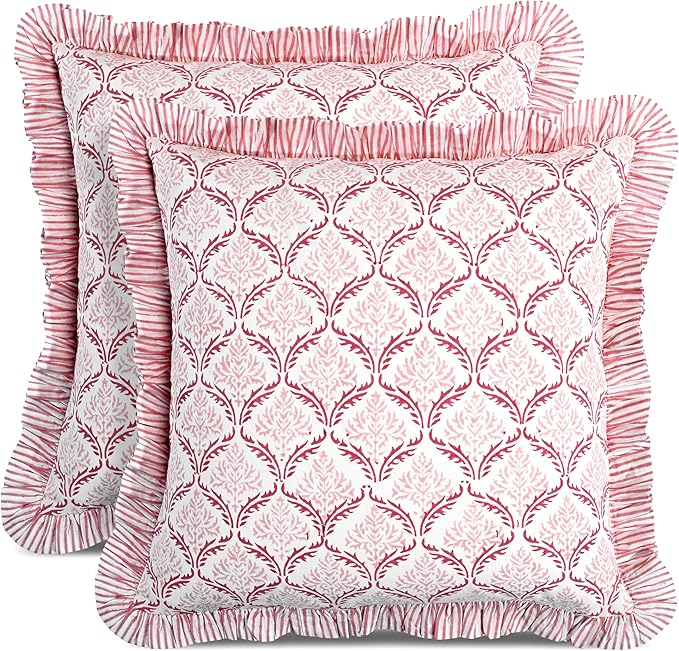 CPC Blush Rose Hand Block Print 100% Cotton Ruffle Throw Pillow Cover 20x20 inch with Hidden Zipper Decorative for Couch, Bed, Sofa, Farmhouse, Cottagecore Decor Gift Christmas Fall Thanksgiving