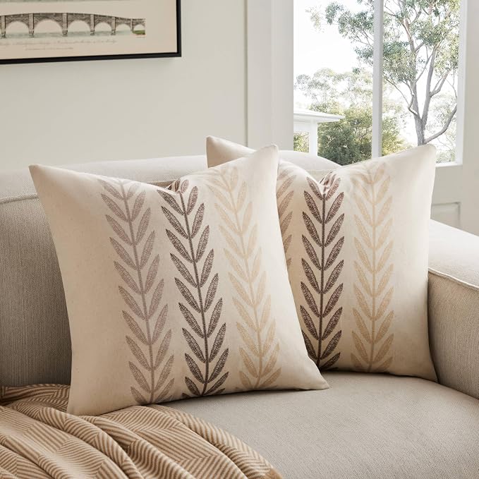 Farmhouse Leaves Throw Pillow Covers Set of 2, 20x20in Mixed Beige | 100% Organic Cotton, Rustic Accent Print Pillow Case, Pastoral Decorative Cushion Covers for Sofa Bed Living Room Home Decor