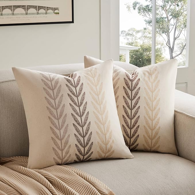 Farmhouse Leaves Throw Pillow Covers Set of 2, 22x22in Mixed Beige | 100% Organic Cotton, Rustic Accent Print Pillow Case, Pastoral Decorative Cushion Covers for Sofa Bed Living Room Home Decor