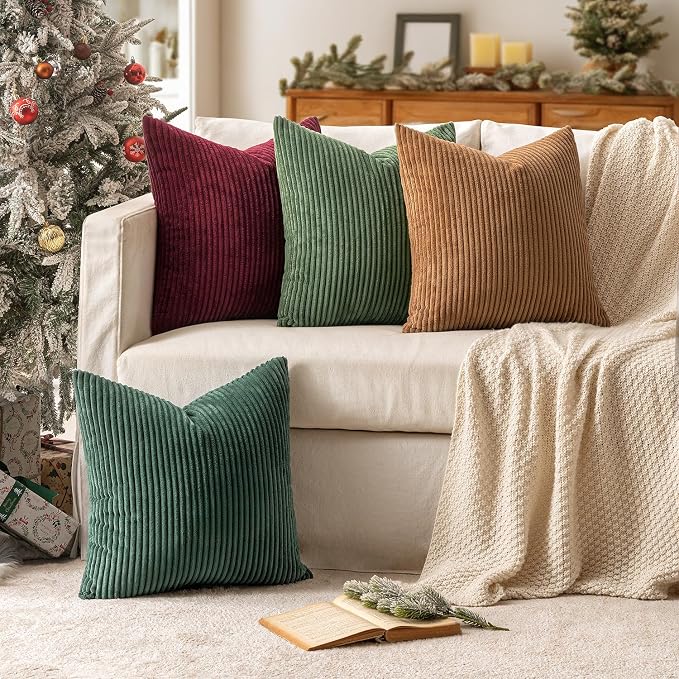 MIULEE Soft Corduroy Decorative Throw Pillow Covers Christmas Green 18x18 | Set of 4, Mordern Nordic Christmas Decor, Green Red Accent Set, Boho Farmhouse Cushion Covers for Couch Bed Sofa Living Room