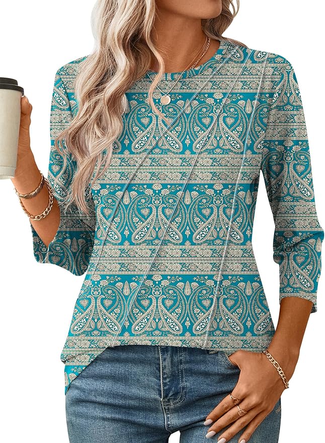 LOMON 3/4 Length Sleeve Womens Tops Spring Summer Fashion 2026 Tops Crew Neck Pleated Shirts Tunic Top Loose Fit