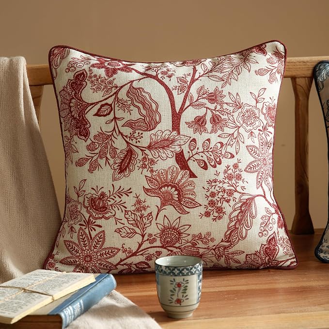 Designer Linen Square Throw Pillow Cover,Set of 2,18"x18"-Ruyi A | Vintage French Elegant Pillow Cover,Concealed Zipper Design,Red Floral Pattern,Sofa,Bedroom,Living Room,Lounge Chairs