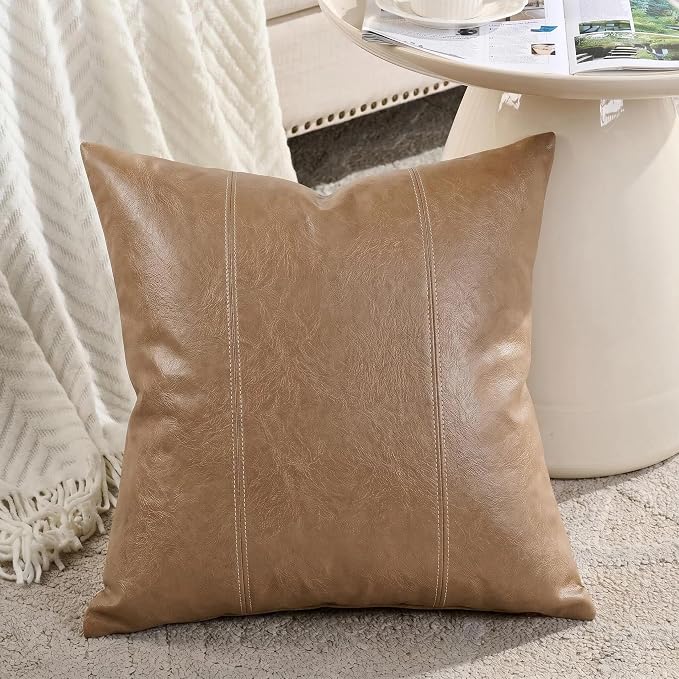 Fancy Homi Light Brown Boho Long Square Faux Leather Decorative Throw Pillow Covers 20x20 Inch for Living Room Couch Bed Sofa, Hand Stitched Cushion Case, Rustic Modern Farmhouse Home Decor