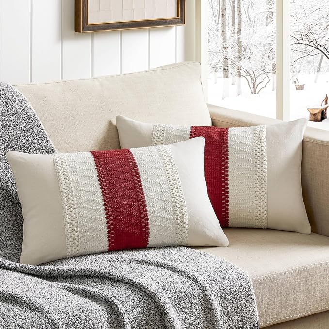 2 Pack Boho Lumbar Pillow Covers, Contrast Red 12x20in | Soft Breathable Cotton, Farmhouse Decorative Couch Pillow Cases, Cushion Covers for Sofa Bed Living Room Home Decor