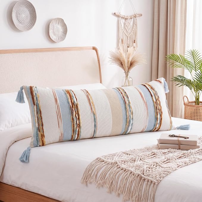 PANOD Boho Long Lumbar Throw Pillow Cover 14 x 36 Blue Brown, Chenille Morocan Extra Long Pillow Case Cover, Decorative Long Pillow for Bed Couch Sofa Farmhouse
