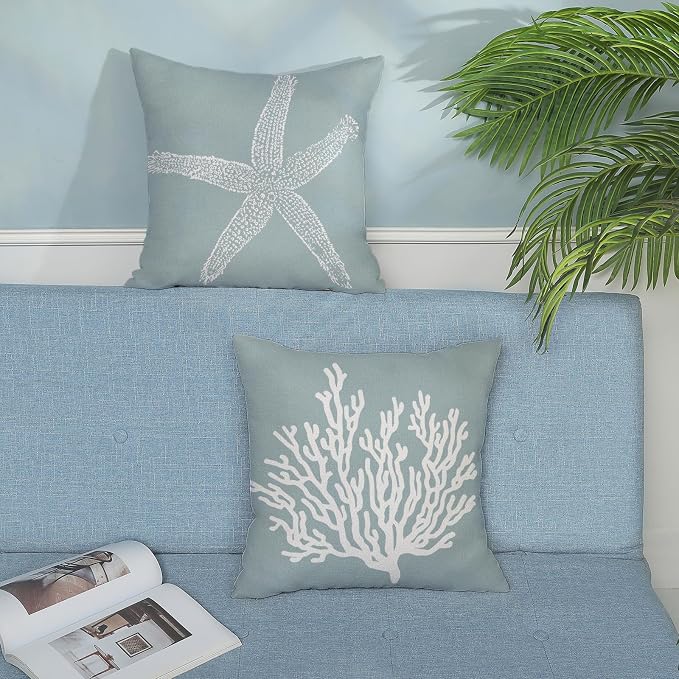 Coastal Pillow Covers 20x20 Inch Set of 2 Blue Coral Starfish Throw Pillows Nautical Ocean Decorations Summer Linen Beach Pillowcase Outdoor Decor Farmhouse Cushion Case for Home Living Room